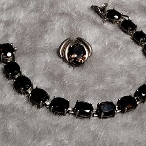 Vintage 925 Sterling Silver & Smokey Quartz Pendant and 8" Bracelet, Smoky Topaz